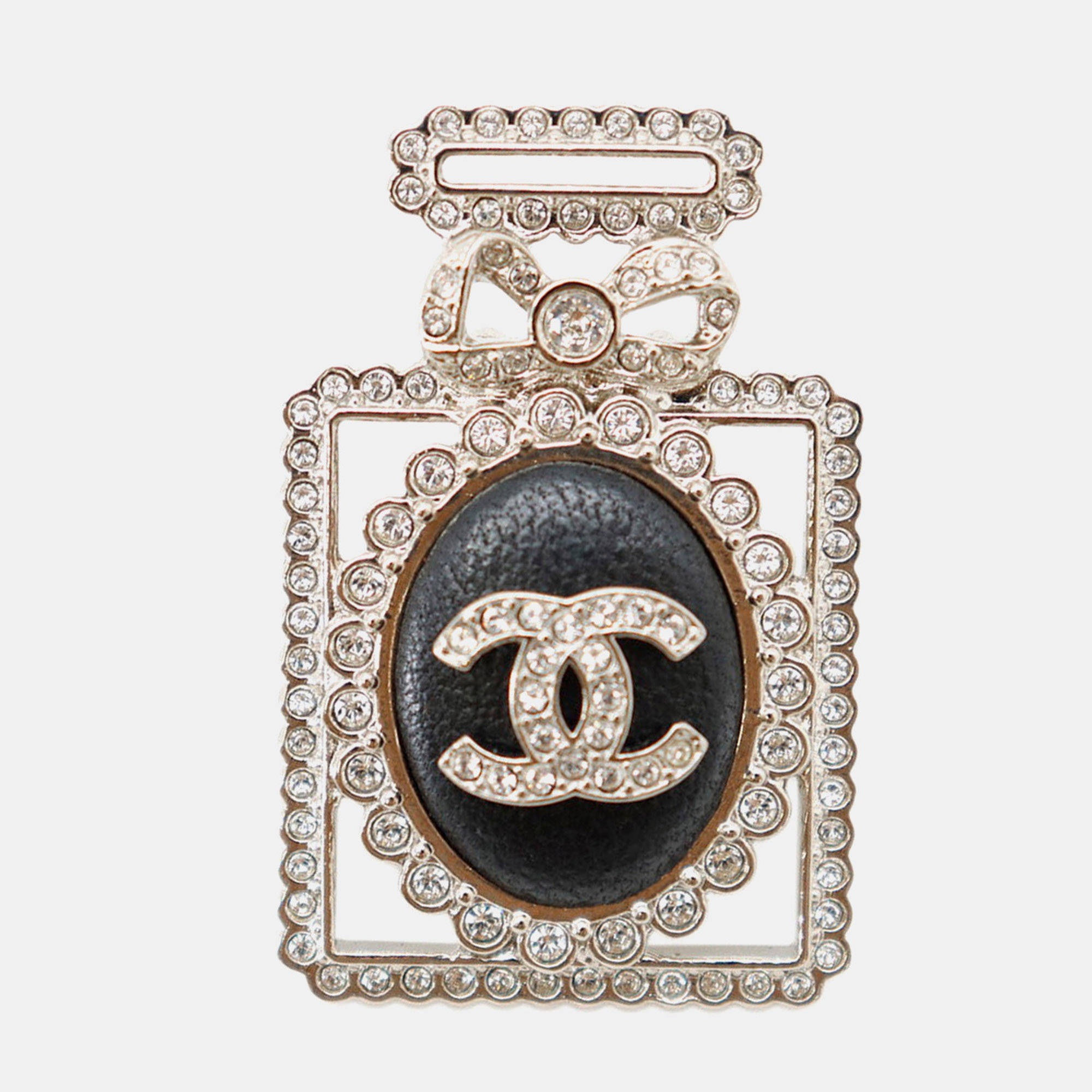 Chanel Perfume Motif Bottle Brooch Black Metal Rhinestone Leather