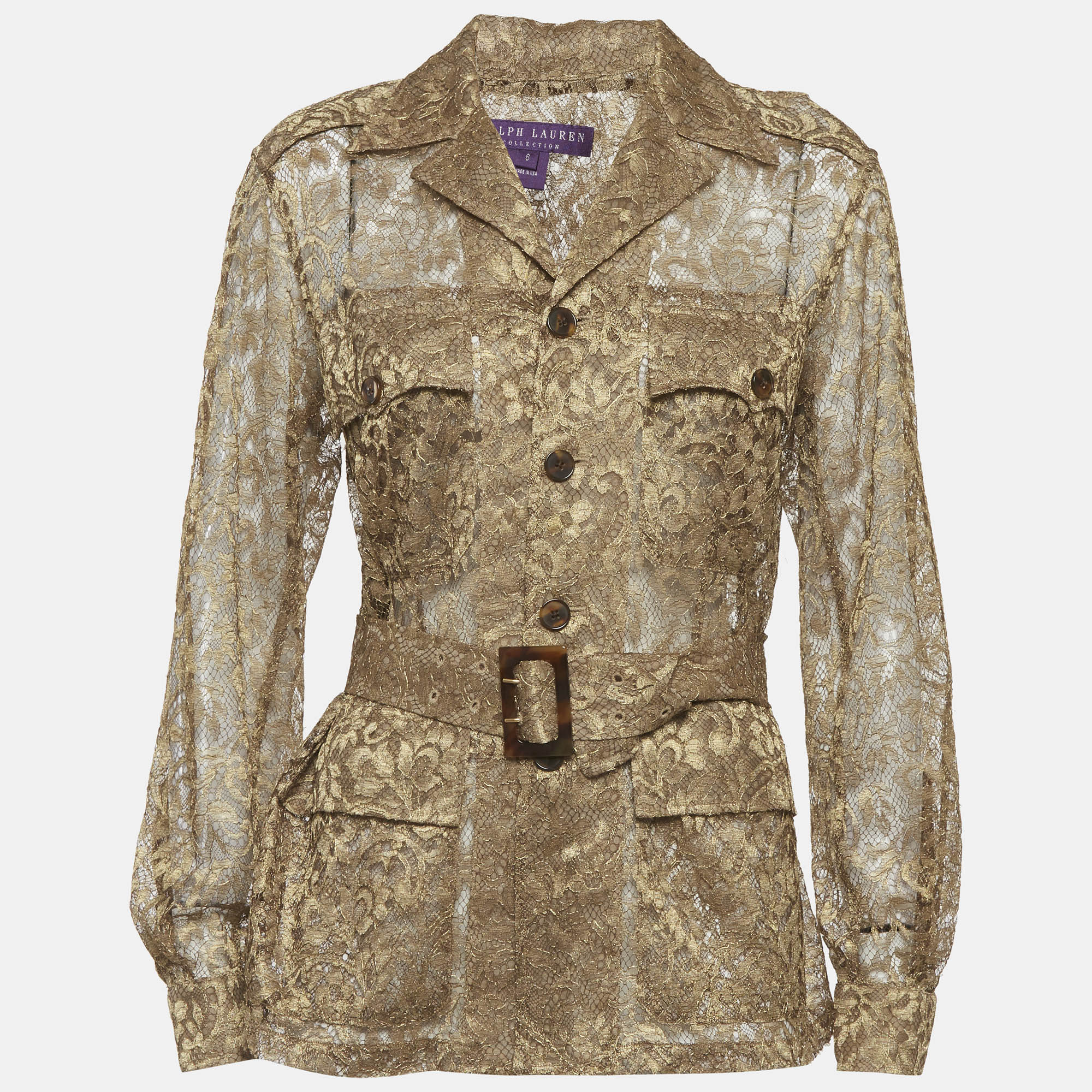 Ralph Lauren Collection Gold Lace Belted Sheer Shirt M