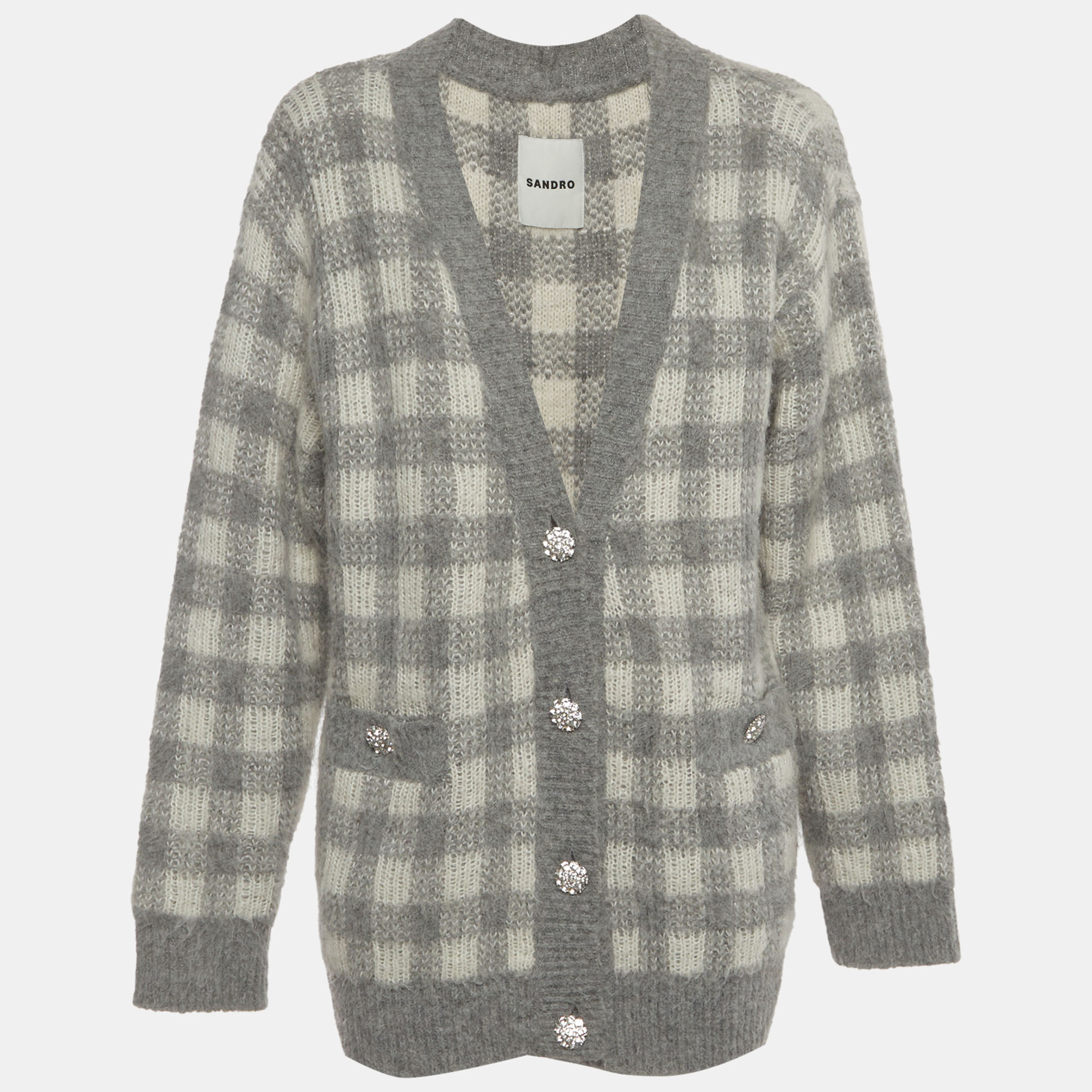 Sandro Grey Check Jacquard Fuzzy Knit Wool V-Neck Ontario Cardigan M