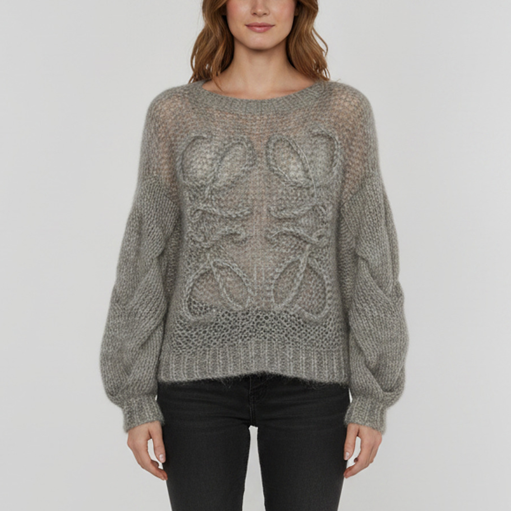 Loewe Grey Anagram Mohair Wool Open Knit Sweater XS