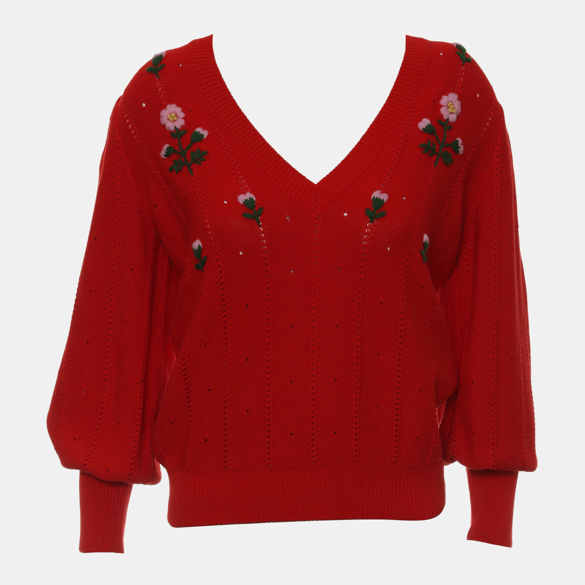 Gucci Red Cotton Floral Embroidered V-Neck Sweater Size S