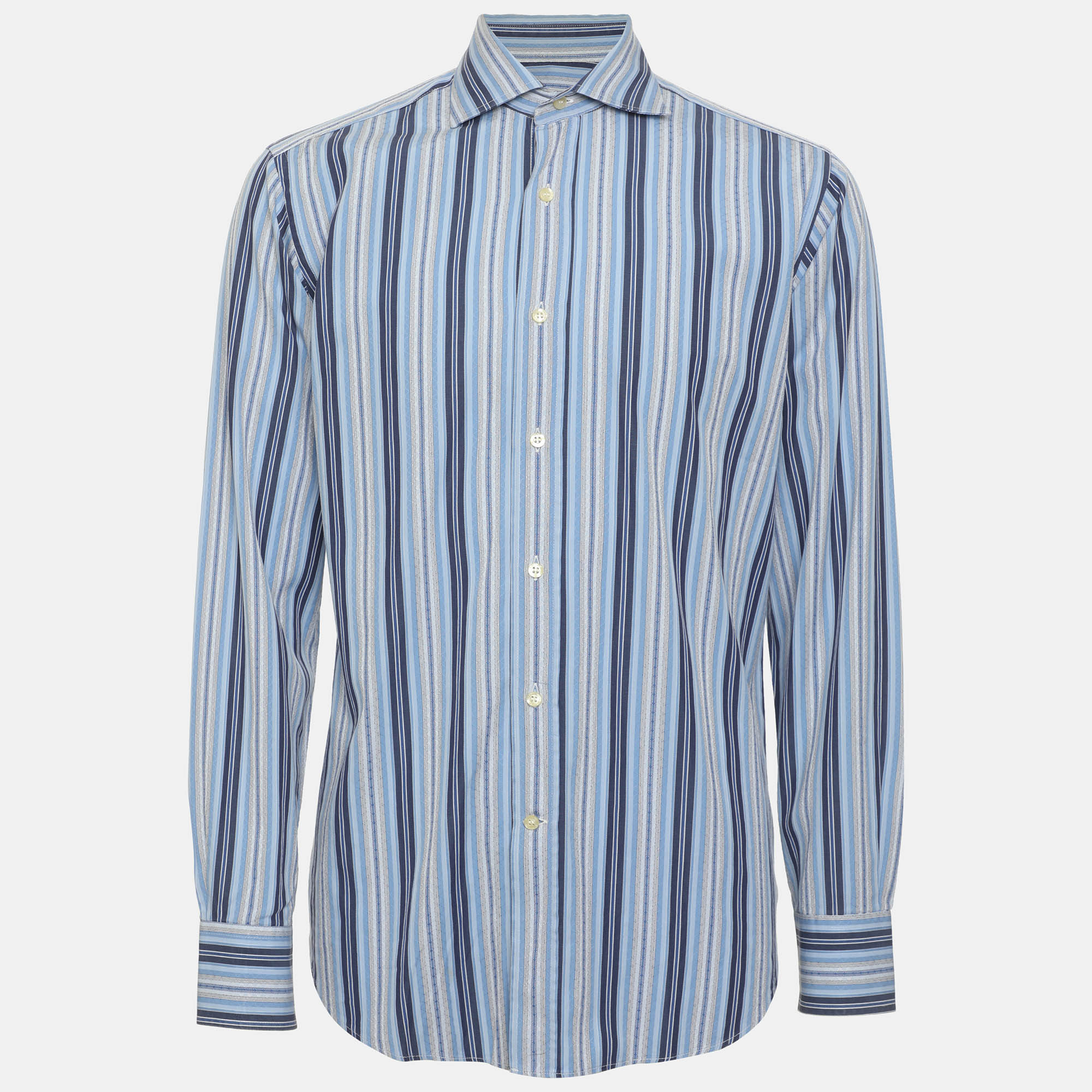 Etro Blue Cotton Stripe Long Sleeve Shirt S
