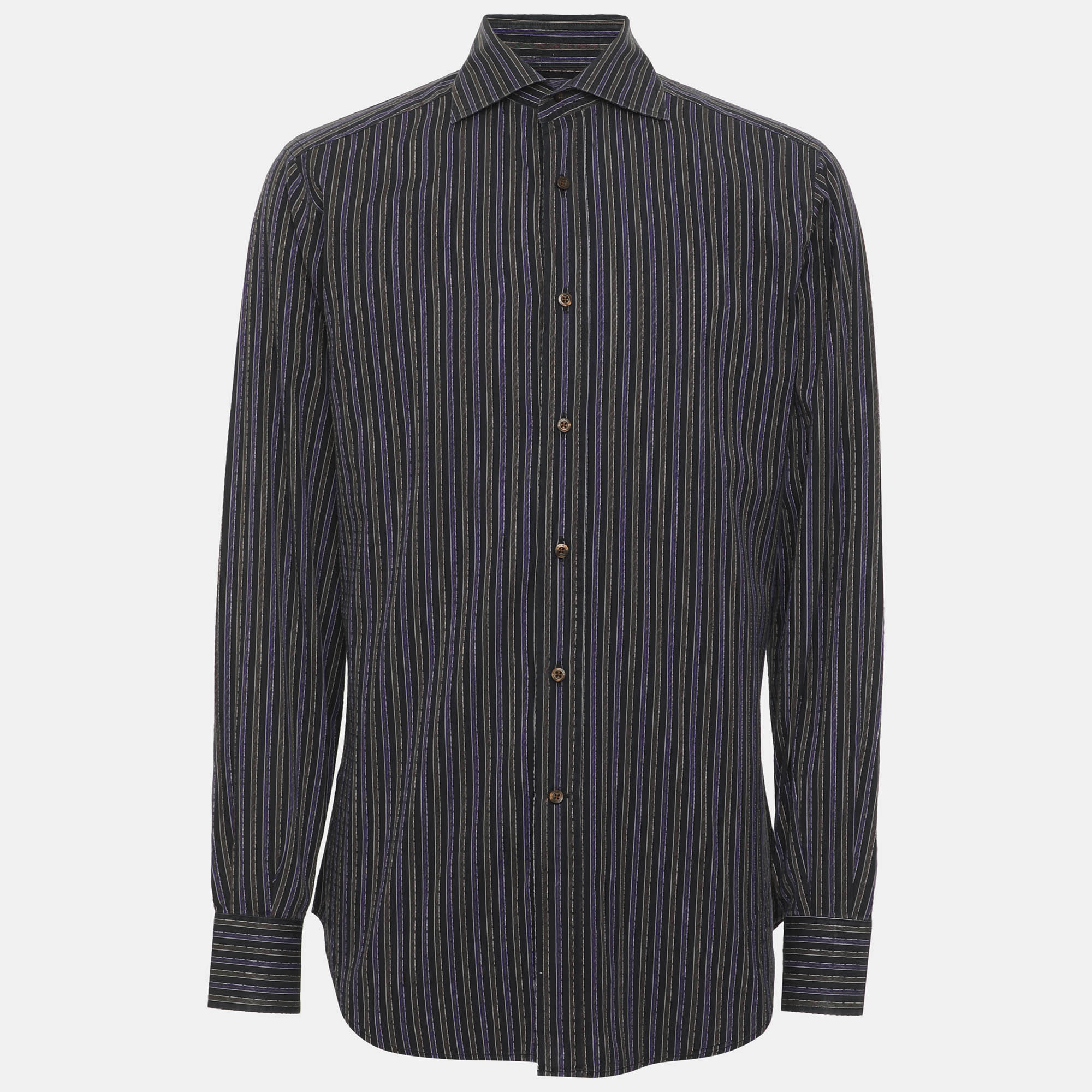 Etro Purple/Grey Cotton Stripe Long Sleeve Shirt S