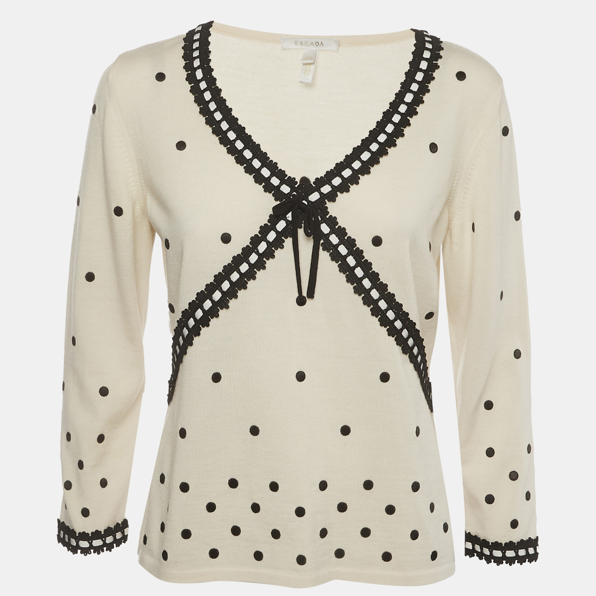 Escada Yellow Polka Dot Wool Long Sleeve V-Neck Top M