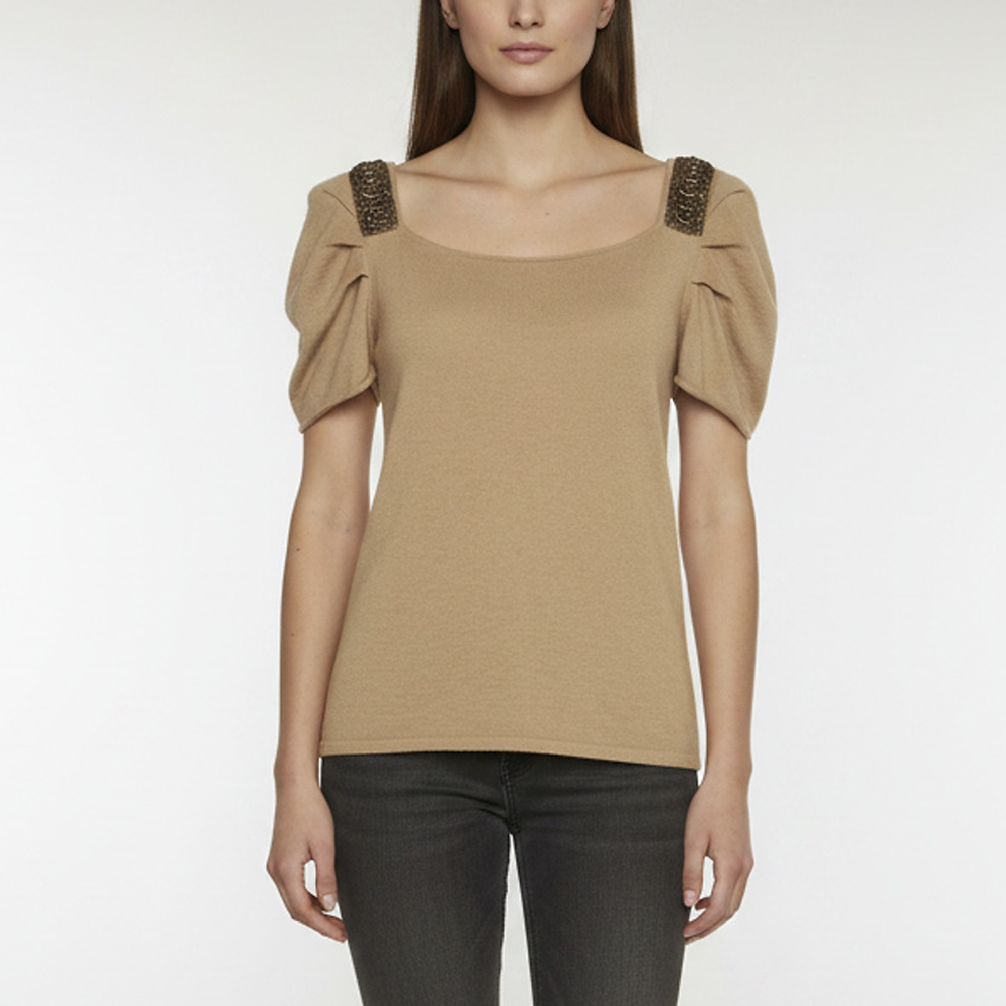 Escada Beige Cashmere Embellished Short Sleeve Top L Saint Laurent Paris
