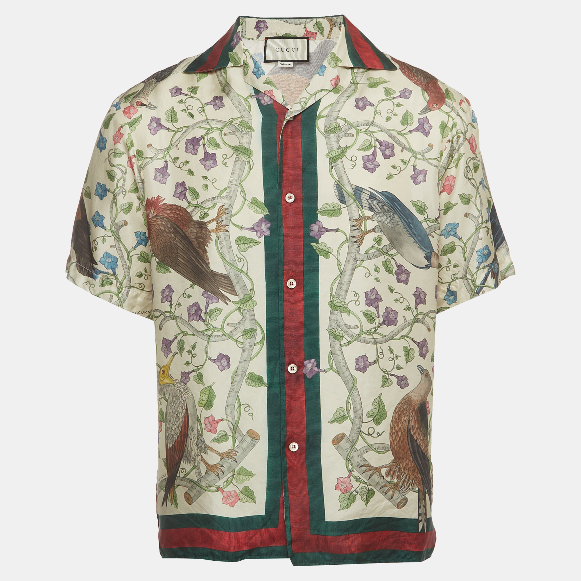 Gucci Cream Birds of Prey Print Silk Bowling Shirt S