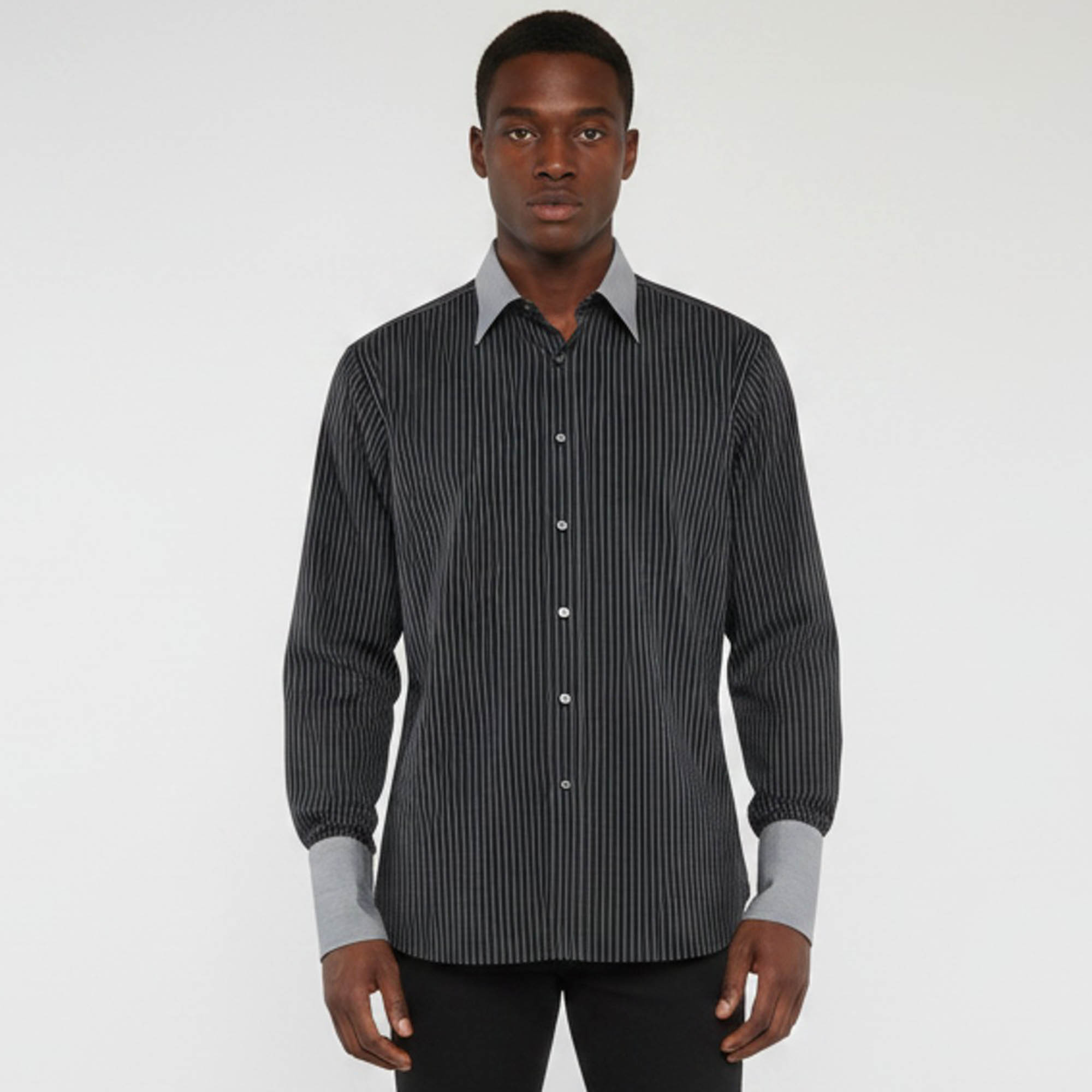Brioni Grey Pin Striped Cotton Long Sleeve Shirt XXL