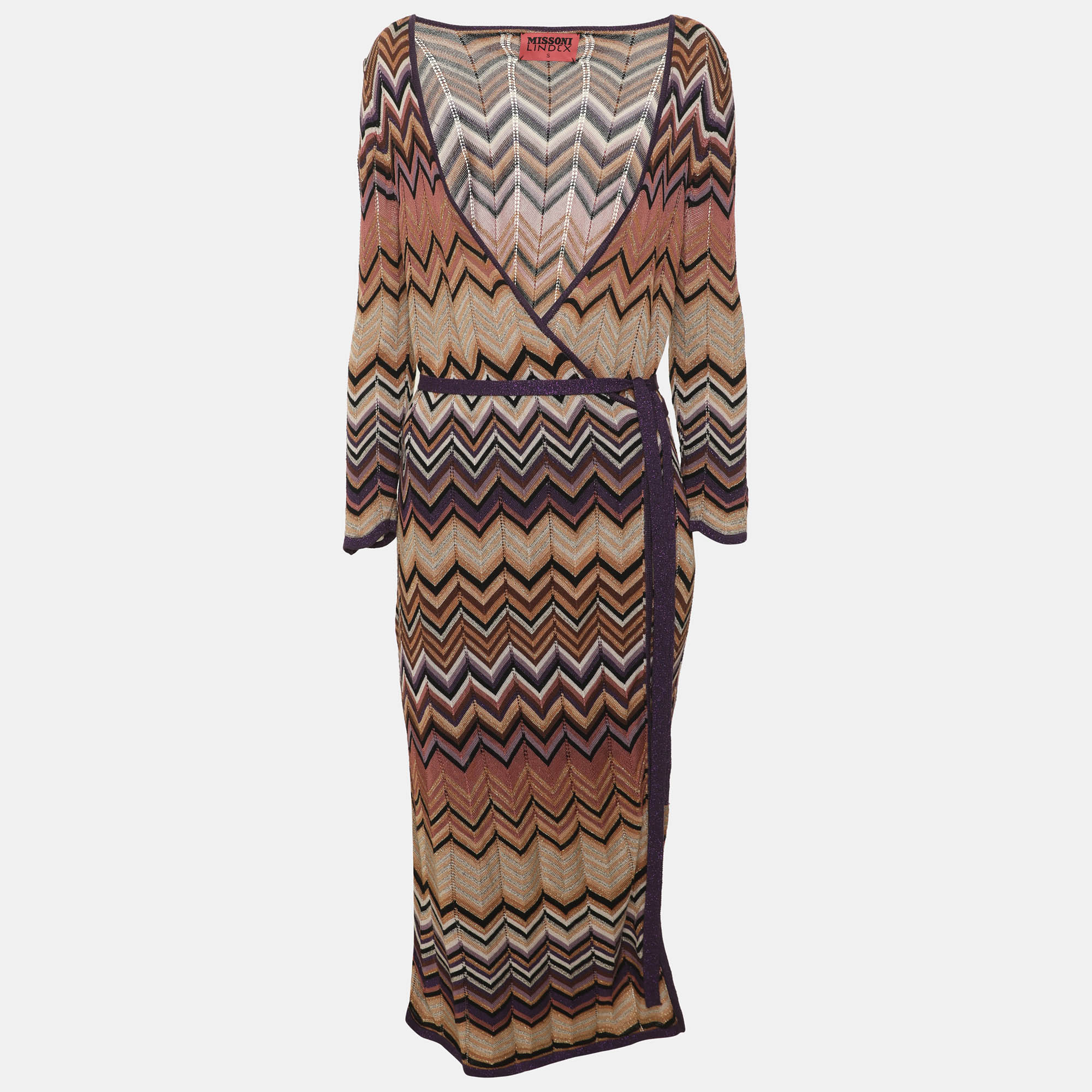Missoni Lindex Multicolor Zig Zag Knit Fabric Long Belted Cardigan