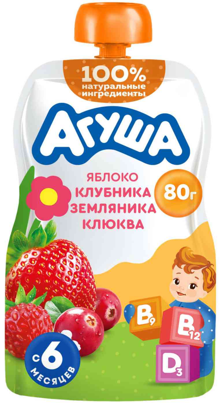 Пюре Агуша яблоко-клубника-земляника-клюква с 6 месяцев