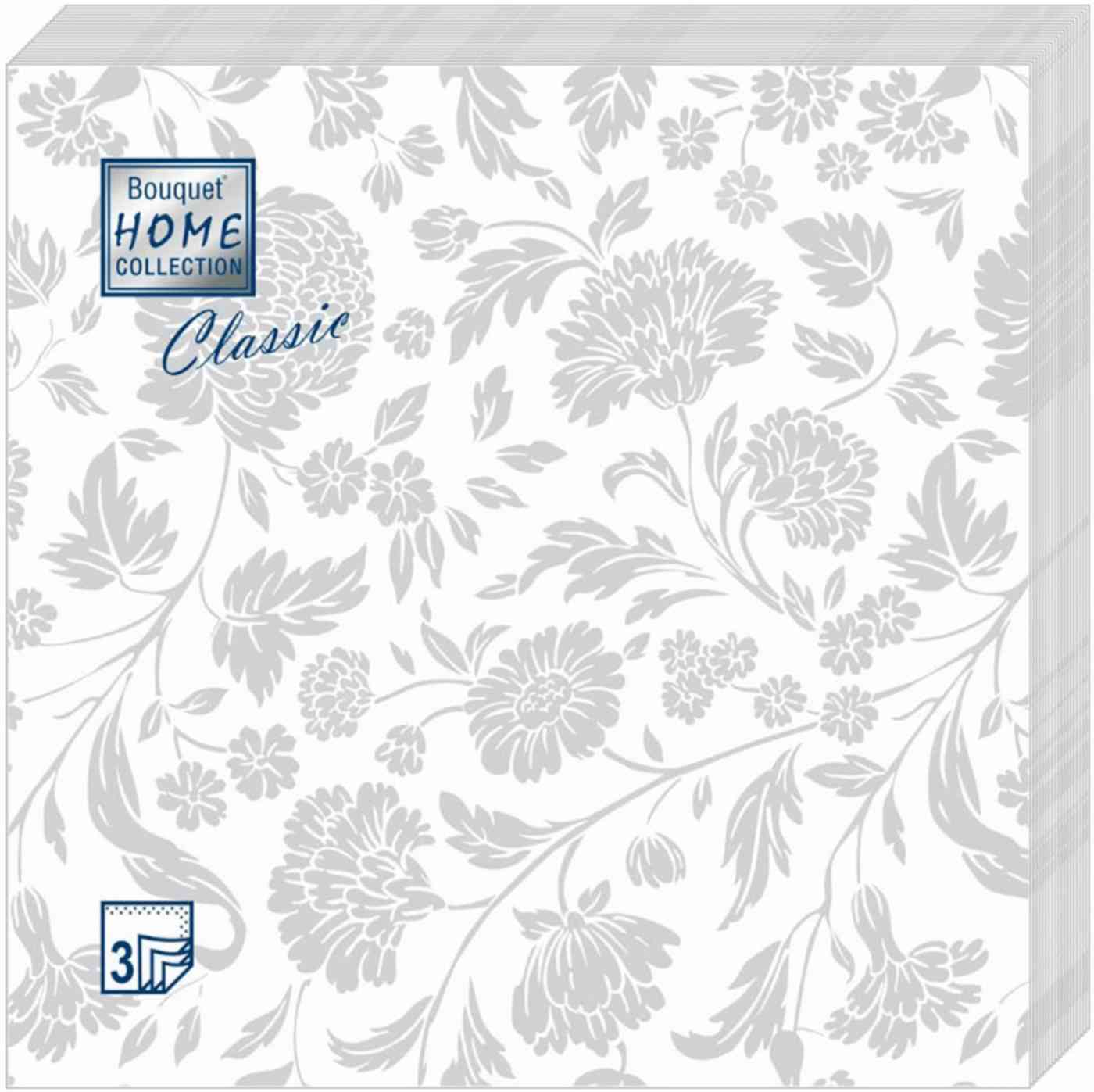 Салфетки декоративные Bouquet Home Collection Classic Анжелика Серебро на белом 3 слоя
