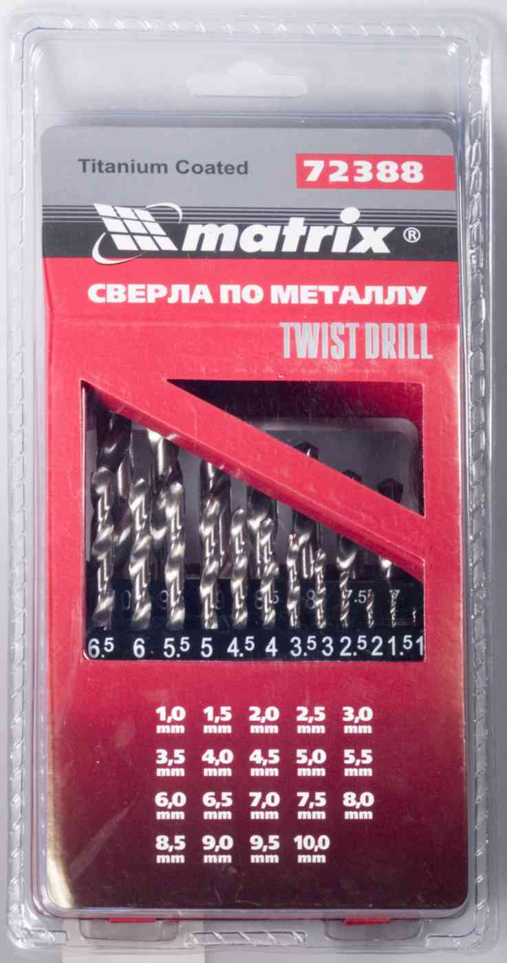 Набор сверл по металлу Twist drill Matrix 72388 Titanium coated 1-10 мм