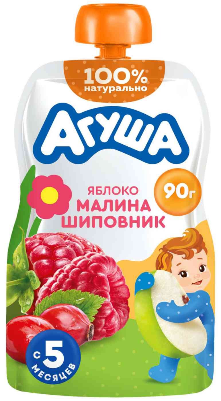 Пюре фруктово-ягодное Агуша яблоко-малина-шиповник с 5 месяцев