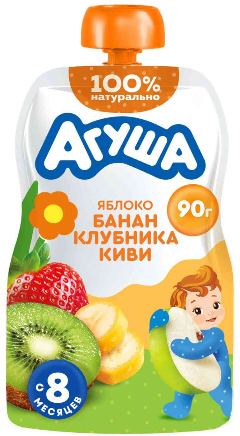 Пюре фруктово-ягодное Агуша яблоко-банан-клубника-киви с 8 месяцев