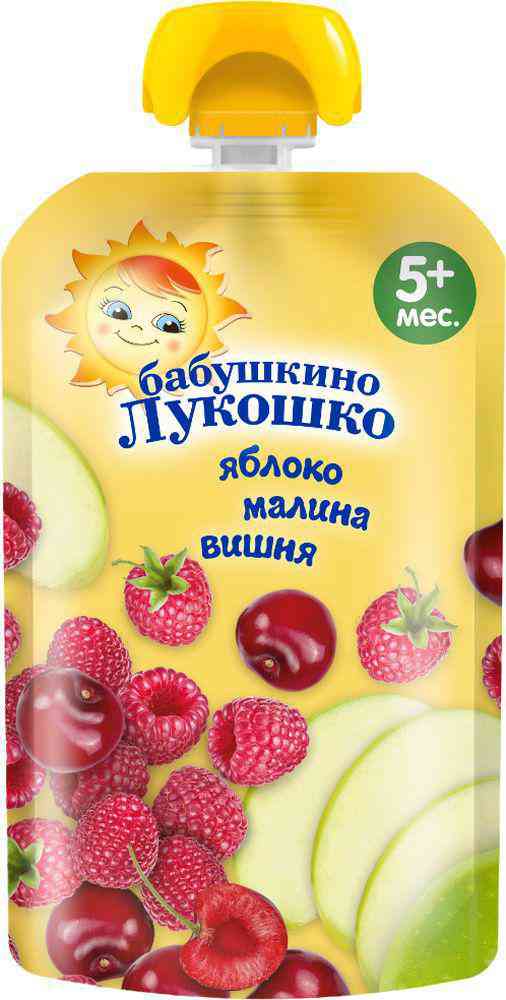 Пюре Бабушкино Лукошко Яблоко, малина, вишня, с 5 месяцев