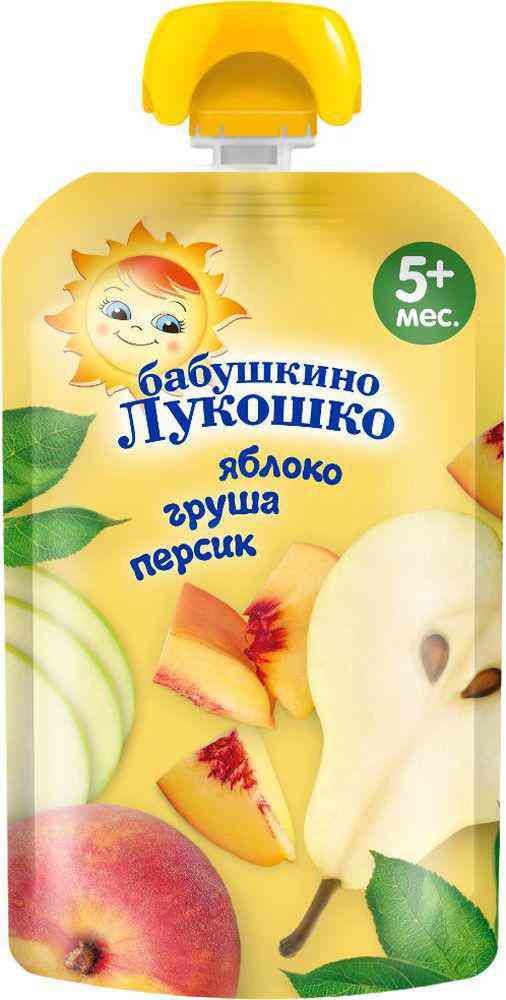Пюре Бабушкино Лукошко Яблоко, груша, персик, с 5 месяцев