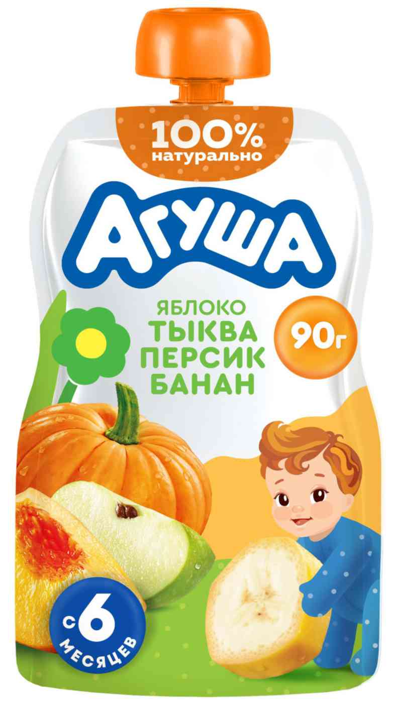 Пюре фруктово-овощное Агуша яблоко-тыква-персик-банан с 6 месяцев