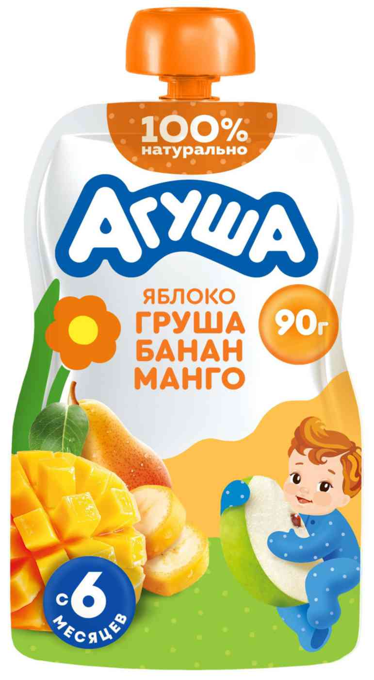 Пюре фруктово-ягодное Агуша яблоко-груша-банан-манго с 6 месяцев
