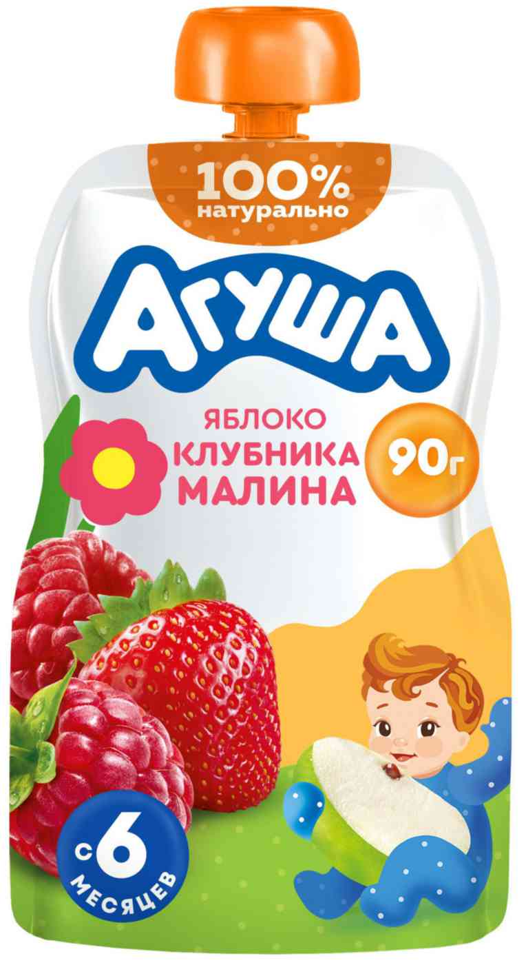 Пюре фруктово-ягодное Агуша яблоко-клубника-малина с 6 месяцев