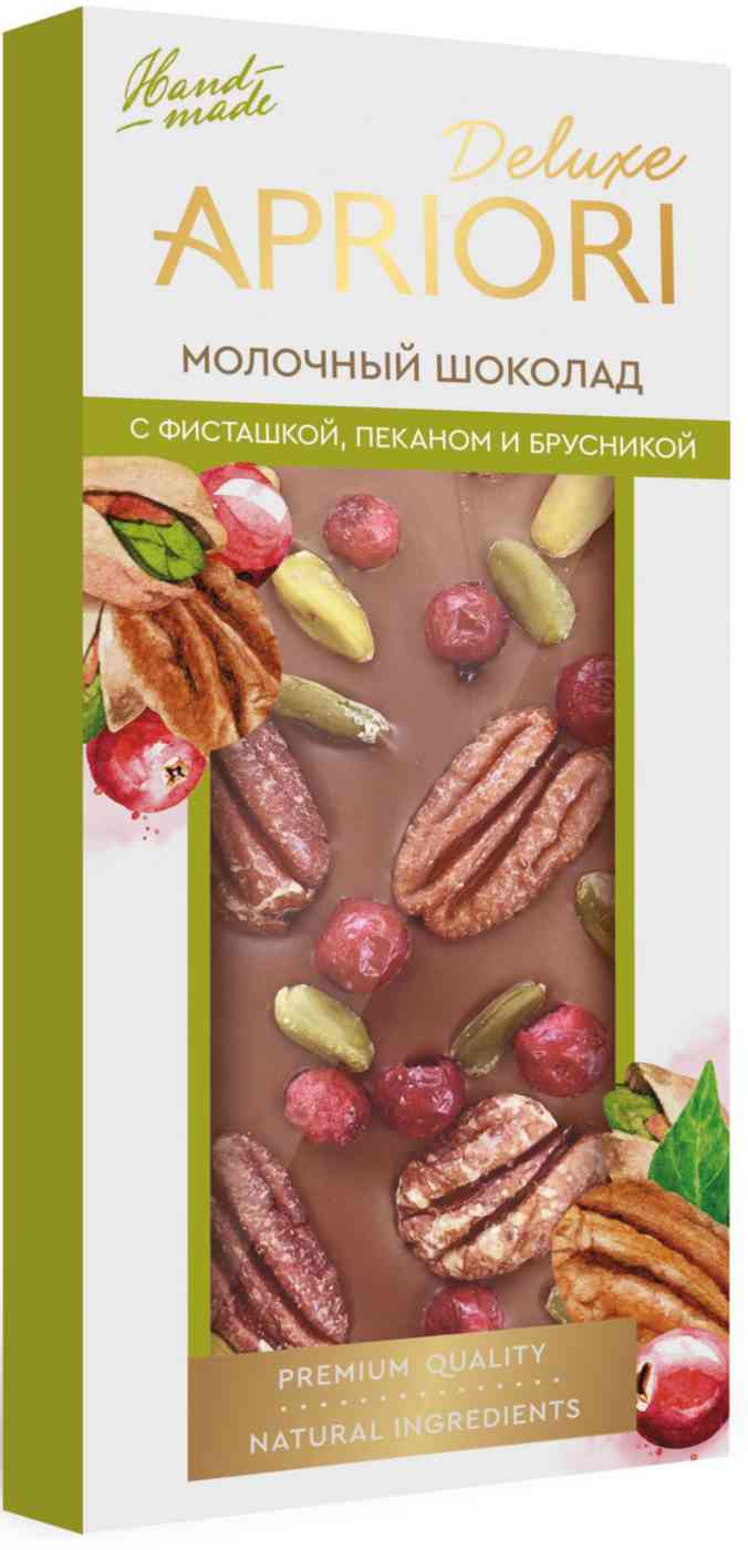 Шоколад молочный Априори с фисташкой пеканом и брусникой