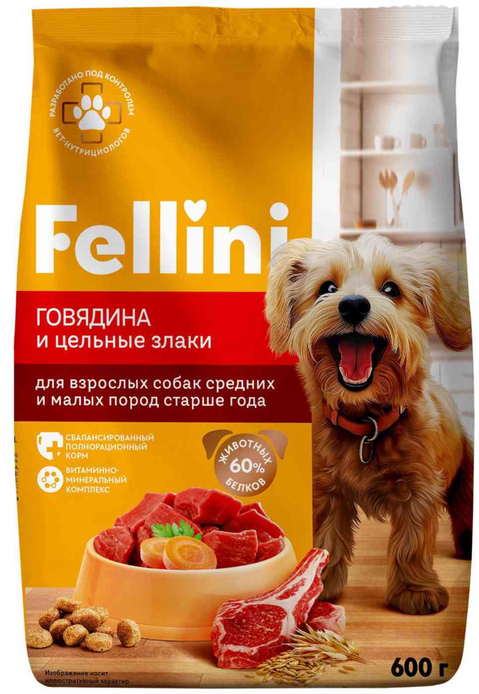 Сухой корм для собак средних и мелких пород Fellini говядина-цельные злаки