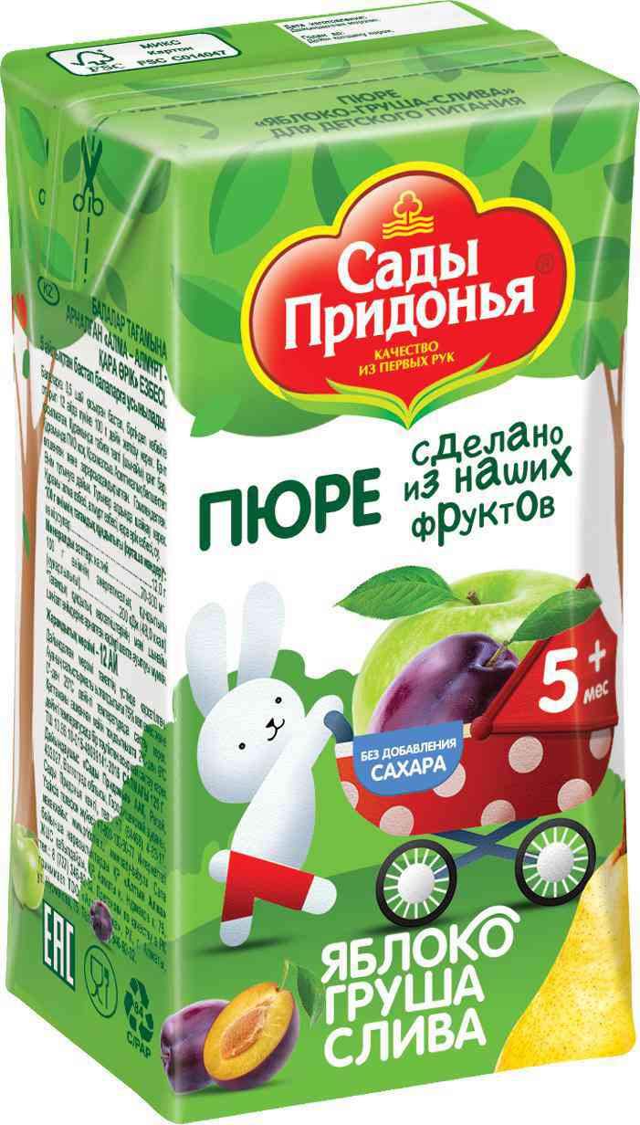 Пюре Сады Придонья Яблоко, груша, слива, с 5 месяцев
