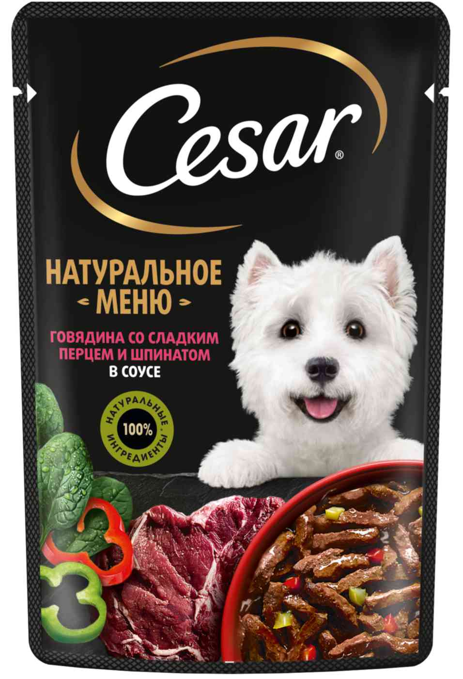 Влажный корм для собак Cesar Натуральное меню говядина-сладкий перец-шпинат в соусе