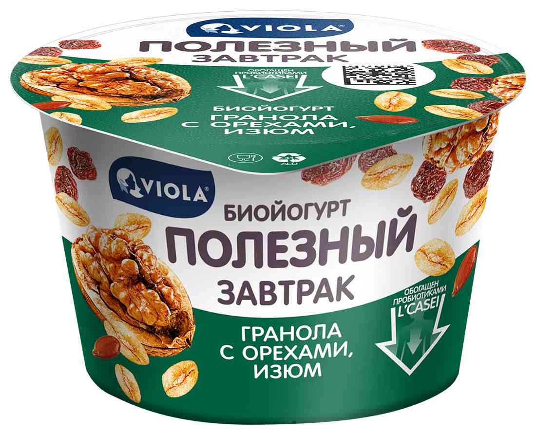 Биойогурт Viola Полезный завтрак Гранола с орехами и изюм 5%