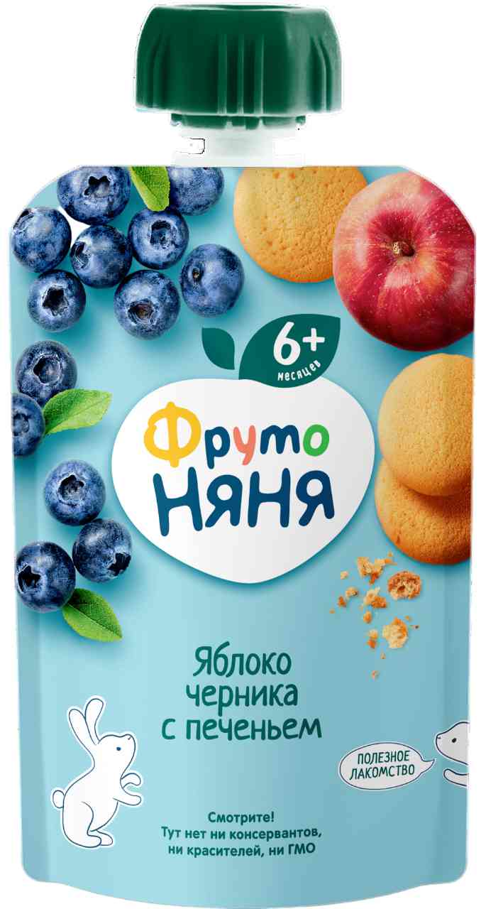 Пюре ФрутоНяня Яблоко, черника с печеньем, с 6 месяцев