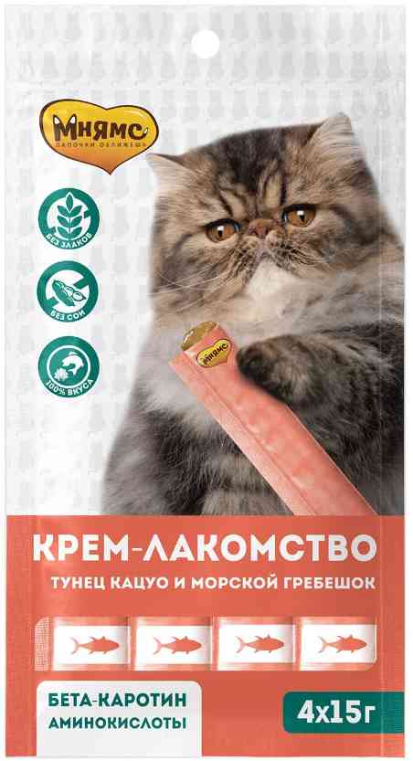 Крем-лакомство для кошек Мнямс с тунцом Кацуо и морским гребешком