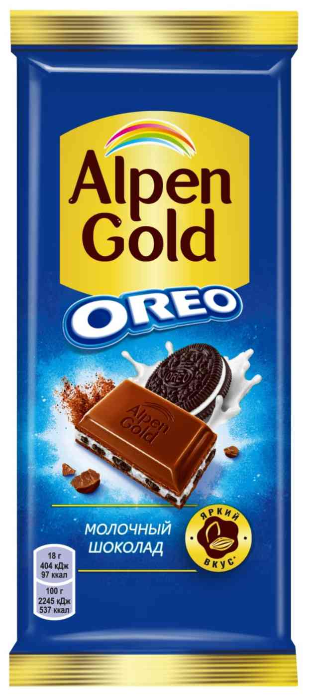 Шоколад молочный Alpen Gold Орео с начинкой со вкусом ванили и кусочками печенья