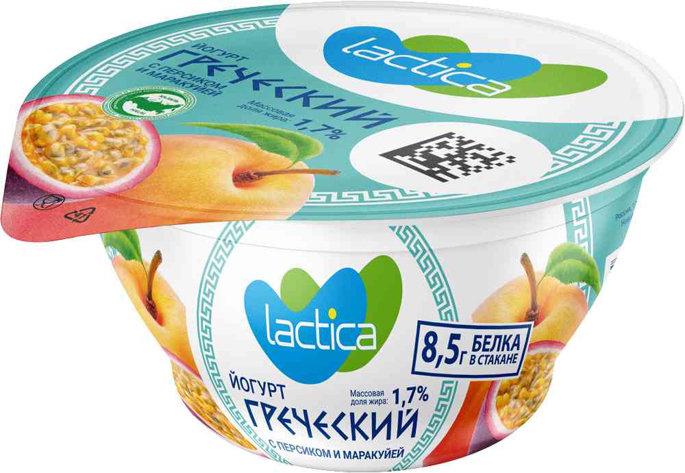 Йогурт греческий Lactica двухслойный с персиком и маракуйей 1,7%