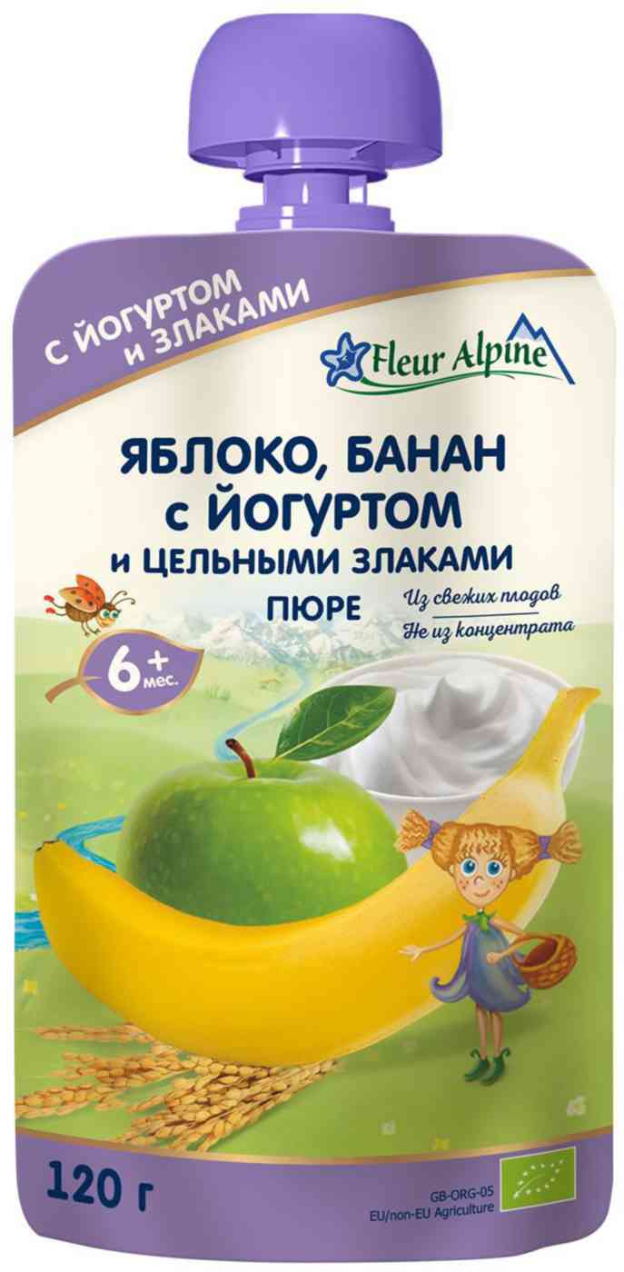 Пюре Fleur Alpine Яблоко, банан с йогуртом и цельными злаками, с 6 месяцев