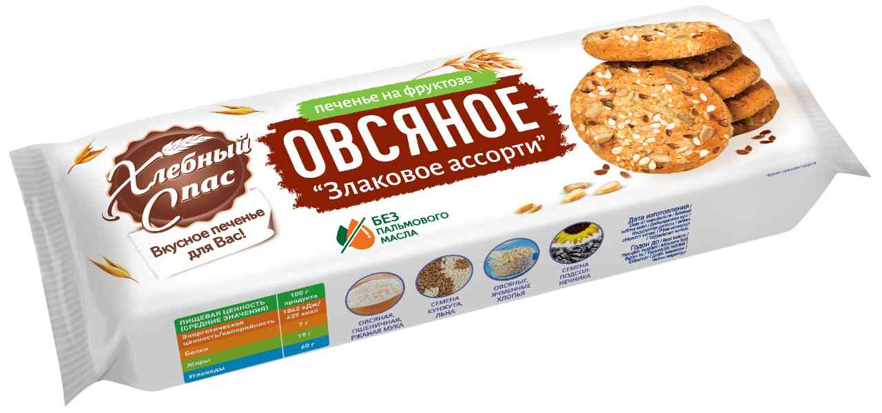 Печенье овсяное Хлебный Спас злаковое ассорти на фруктозе
