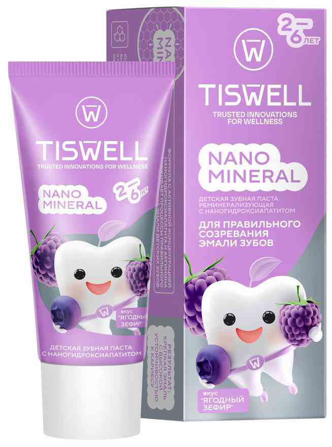 Зубная паста детская Tiswell Nano Mineral для правильного созревания эмали зубов ягодный зефир с 2 до 6 лет