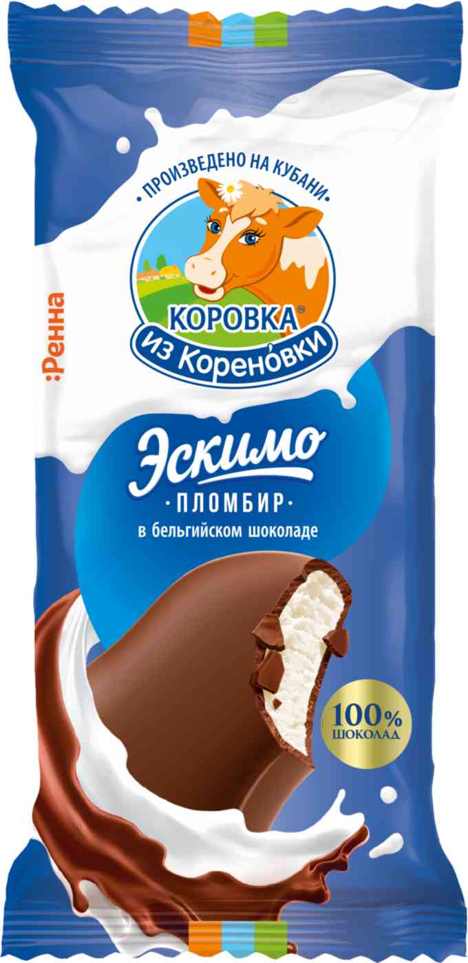 Мороженое пломбир Коровка из Кореновки эскимо ванильное в молочном шоколаде Бельгийский шоколад 15%