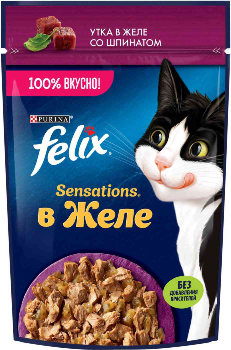 Влажный корм для кошек Felix Sensations утка-шпинат в желе