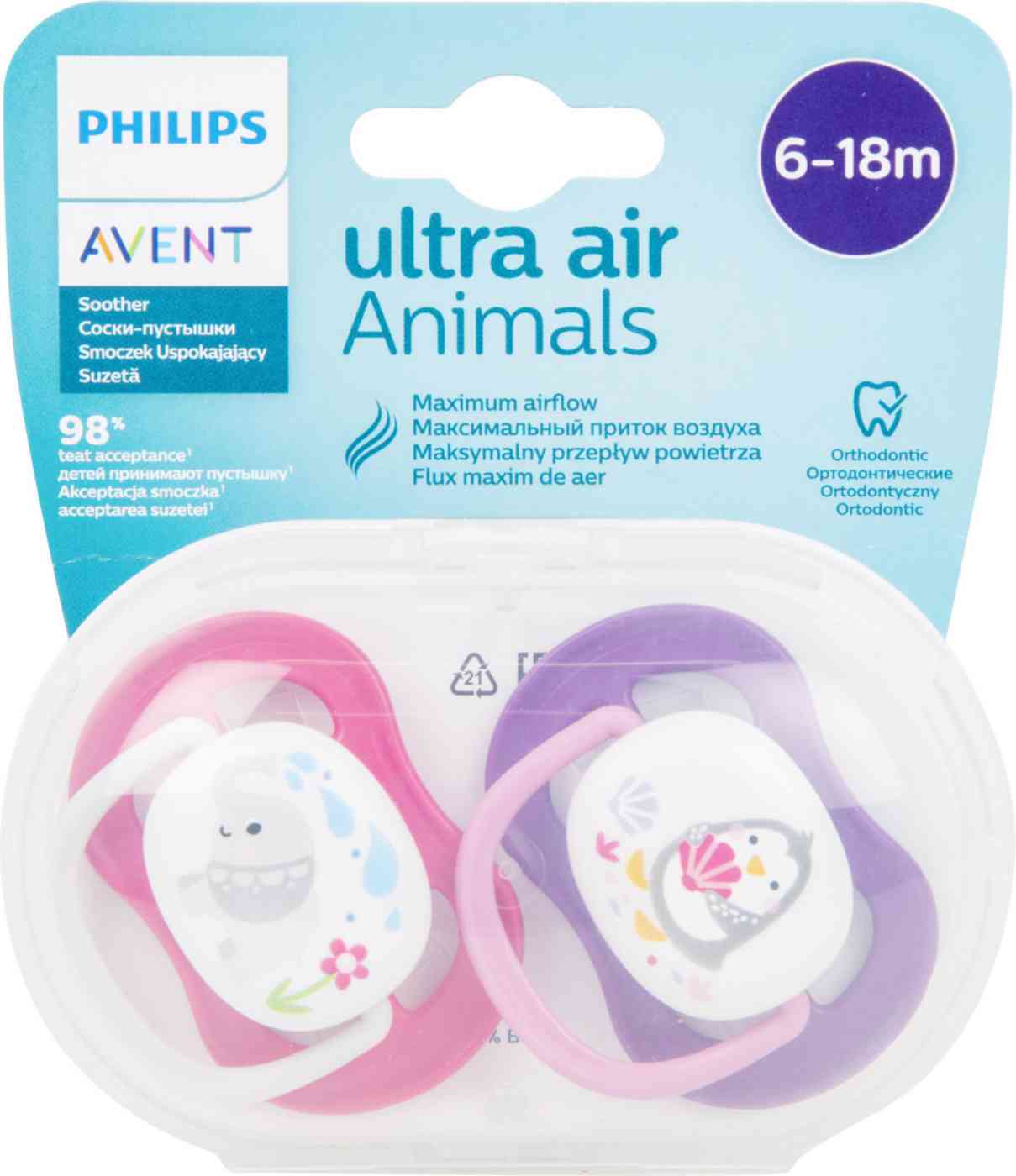 Пустышка Philips Avent Ultra Air Happy Слон-Пингвин, 6-18 месяцев