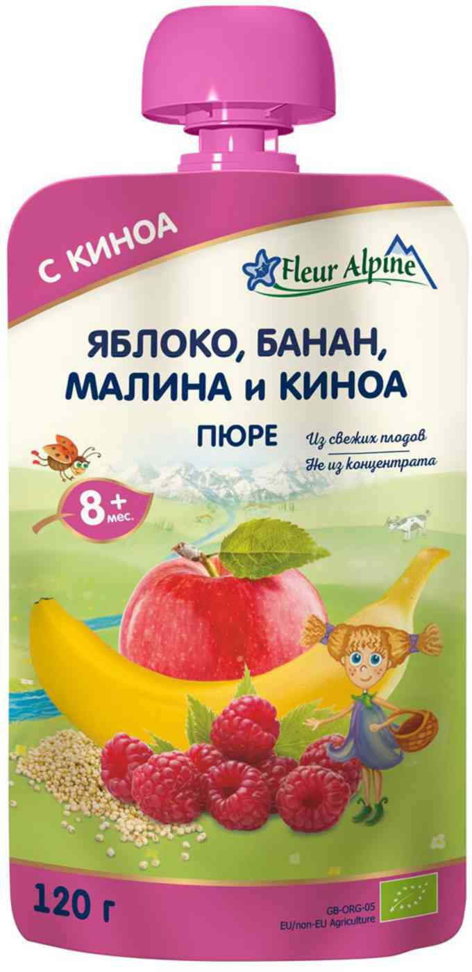 Пюре Fleur Alpine Яблоко, банан, малина и киноа, с 8 месяцев