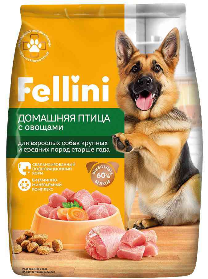Сухой корм для собак крупных и средних пород Fellini птица-овощи