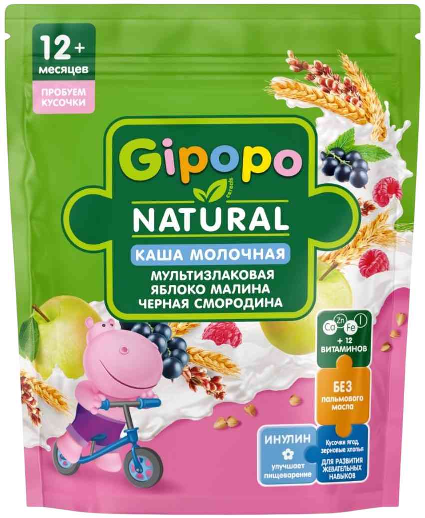 Каша мультизлаковая молочная Gipopo яблоко-малина-черная смородина с 12 месяцев