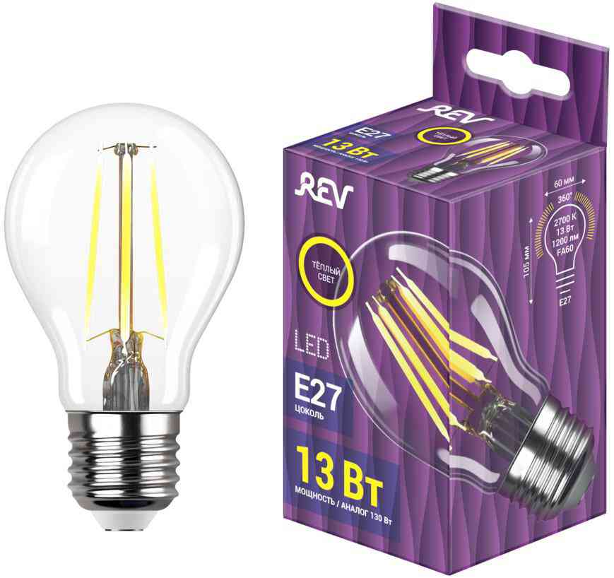 Лампа светодиодная филаментная REV E27 2700К, тёплый свет, груша