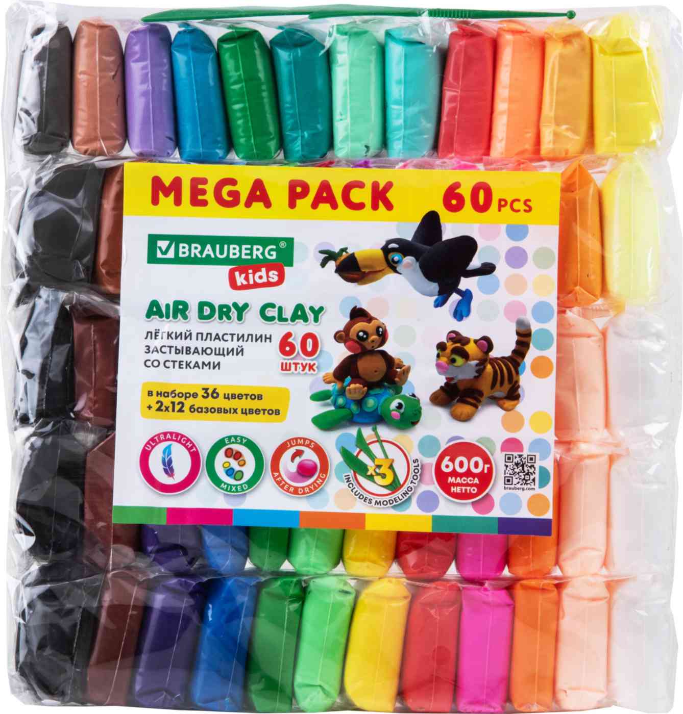 Пластилин лёгкий застывающий Brauberg kids 36цветов