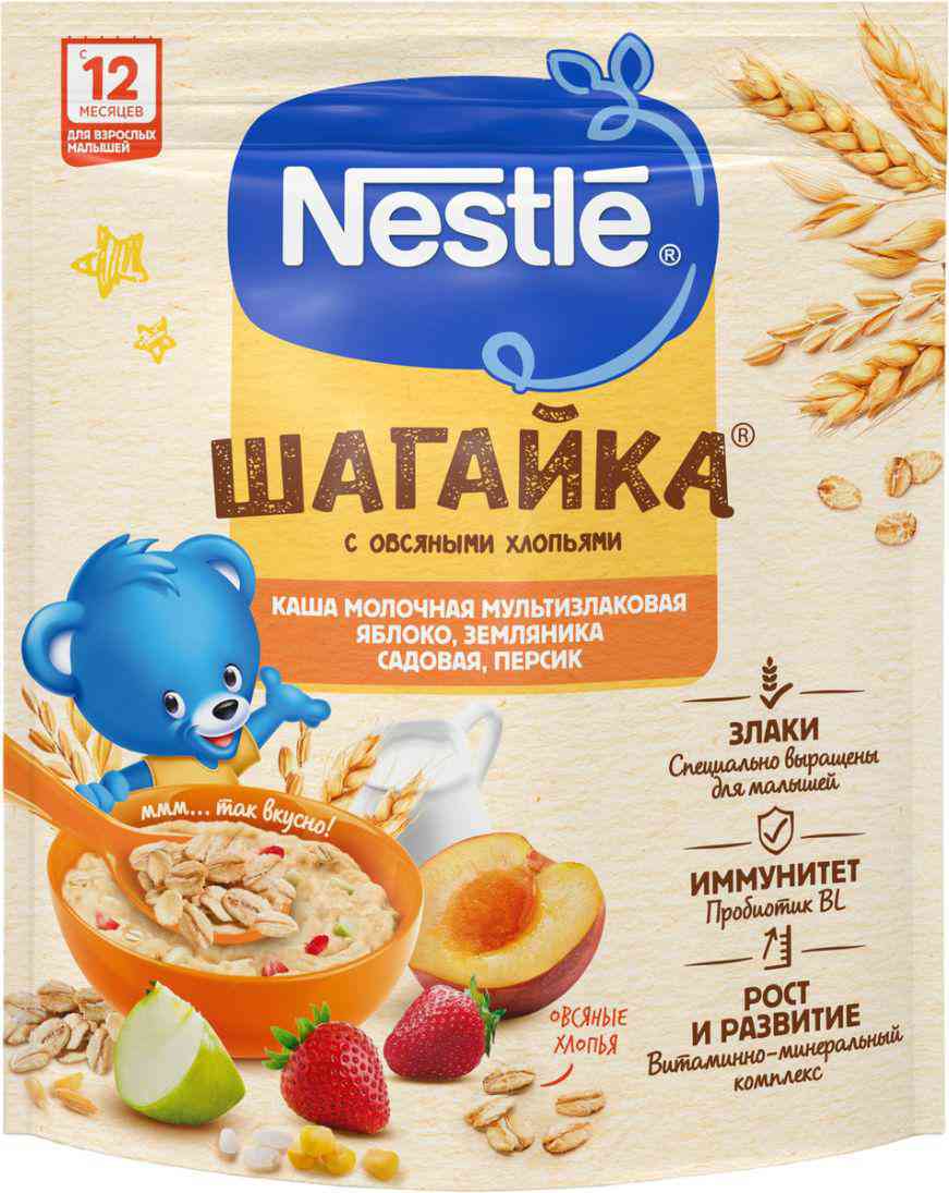 Каша молочная мультизлаковая Nestle Шагайка яблоко-земляника-персик с овсяными хлопьями с 12 месяцев