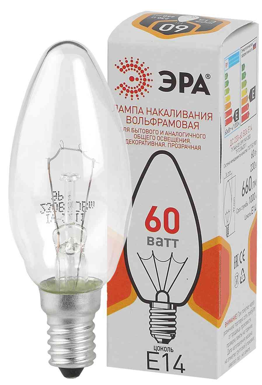 Лампа накаливания вольфрамовая Эра Е14 свеча