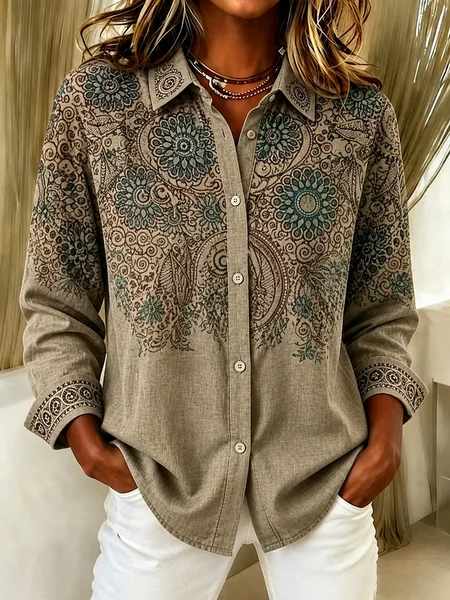 Women Floral Shirt Collar Long Sleeve Shirt Buckle Regular Sleeve Casual Daily Spring/Fall Top JustFashionNow