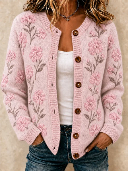 Women Floral Long Sleeve Crew Neck Vintage Spring/Fall Cardigan Outerwear JustFashionNow
