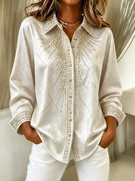 Women Abstract Shawl Collar Long Sleeve Shirt Vintage Daily Spring/Fall Top JustFashionNow