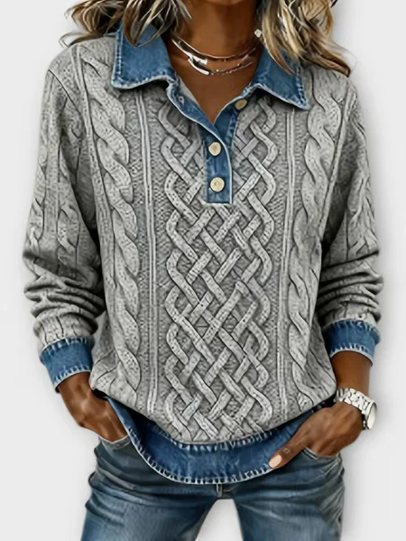 Women Geometric Shawl Collar Long Sleeve Shirt Casual Daily Spring/Fall Top JustFashionNow