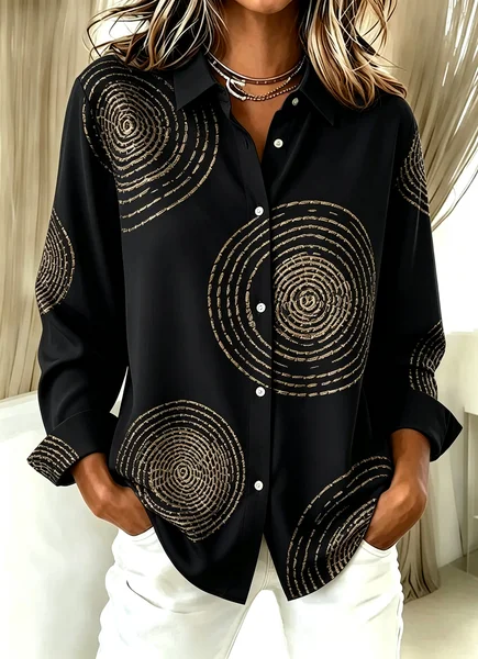 Women Geometric Shirt Collar Long Sleeve Shirt Casual Daily Spring/Fall Top JustFashionNow