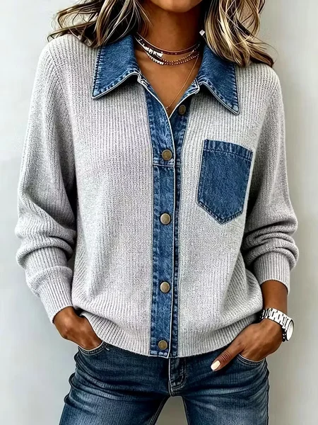 Women Plain Casual Long Sleeve Shawl Collar Spring/Fall Sweater JustFashionNow
